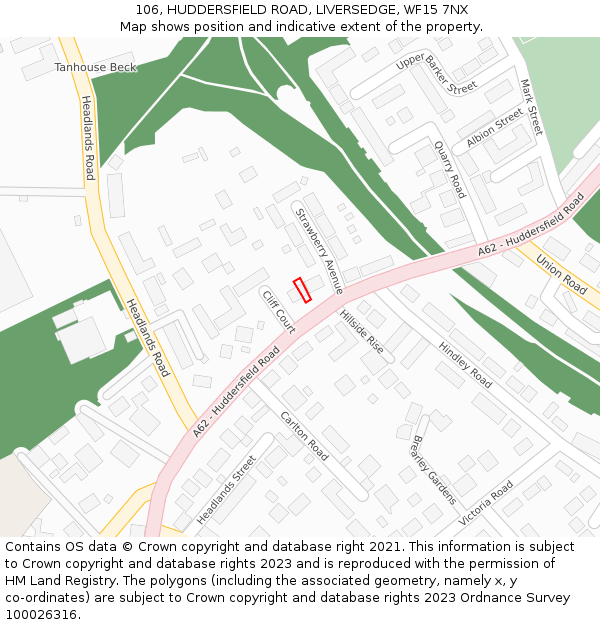 106, HUDDERSFIELD ROAD, LIVERSEDGE, WF15 7NX: Location map and indicative extent of plot