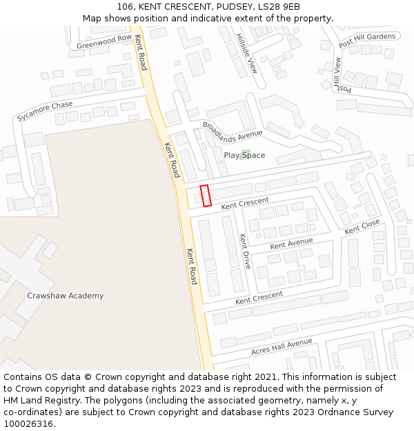 106, KENT CRESCENT, PUDSEY, LS28 9EB: Location map and indicative extent of plot
