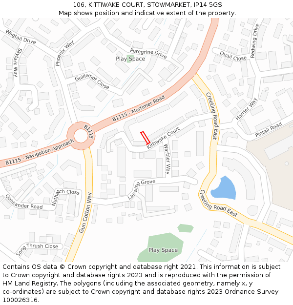 106, KITTIWAKE COURT, STOWMARKET, IP14 5GS: Location map and indicative extent of plot