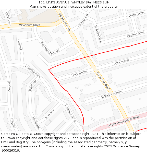 106, LINKS AVENUE, WHITLEY BAY, NE26 3UH: Location map and indicative extent of plot