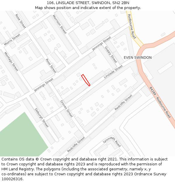 106, LINSLADE STREET, SWINDON, SN2 2BN: Location map and indicative extent of plot