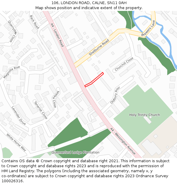 106, LONDON ROAD, CALNE, SN11 0AH: Location map and indicative extent of plot