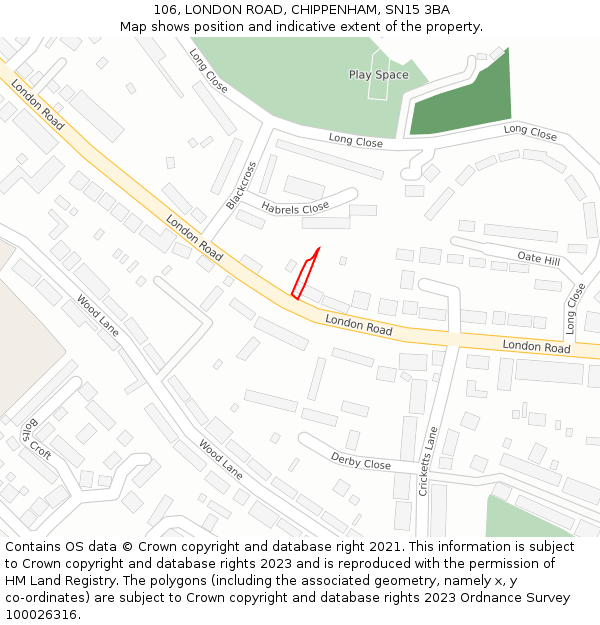 106, LONDON ROAD, CHIPPENHAM, SN15 3BA: Location map and indicative extent of plot