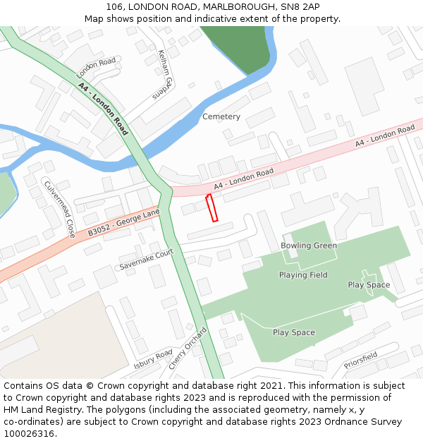 106, LONDON ROAD, MARLBOROUGH, SN8 2AP: Location map and indicative extent of plot
