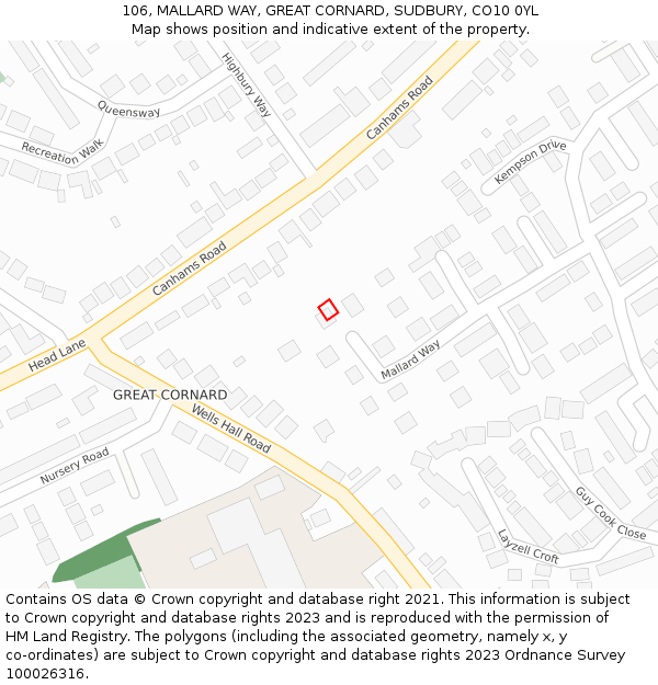 106, MALLARD WAY, GREAT CORNARD, SUDBURY, CO10 0YL: Location map and indicative extent of plot