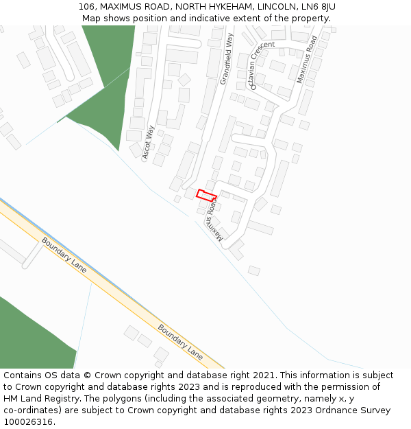 106, MAXIMUS ROAD, NORTH HYKEHAM, LINCOLN, LN6 8JU: Location map and indicative extent of plot