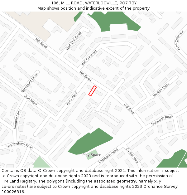 106, MILL ROAD, WATERLOOVILLE, PO7 7BY: Location map and indicative extent of plot