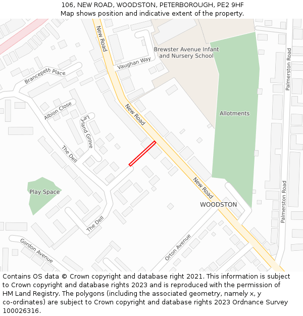 106, NEW ROAD, WOODSTON, PETERBOROUGH, PE2 9HF: Location map and indicative extent of plot