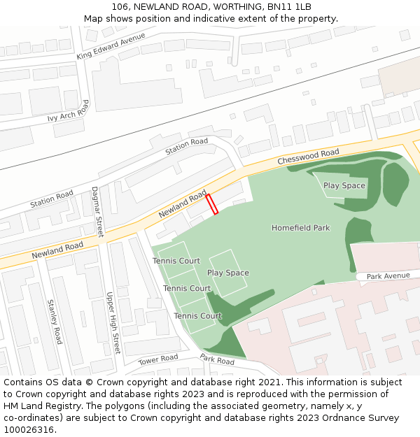 106, NEWLAND ROAD, WORTHING, BN11 1LB: Location map and indicative extent of plot