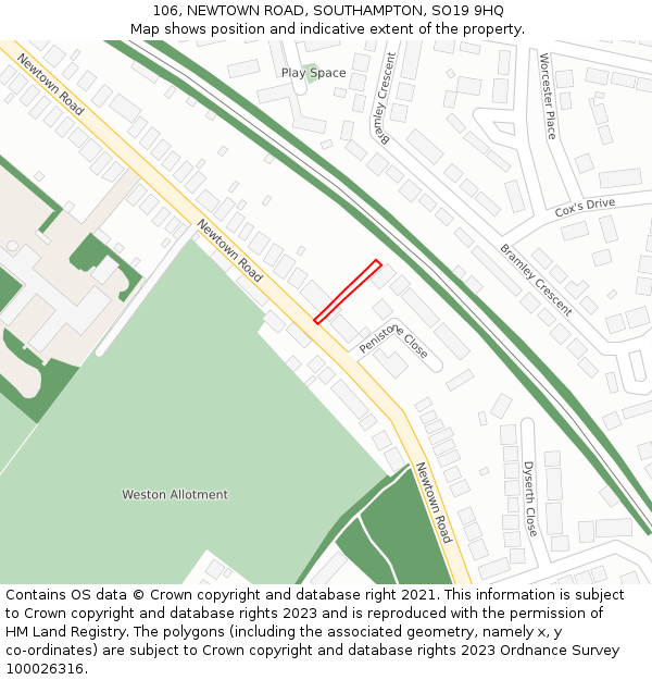 106, NEWTOWN ROAD, SOUTHAMPTON, SO19 9HQ: Location map and indicative extent of plot