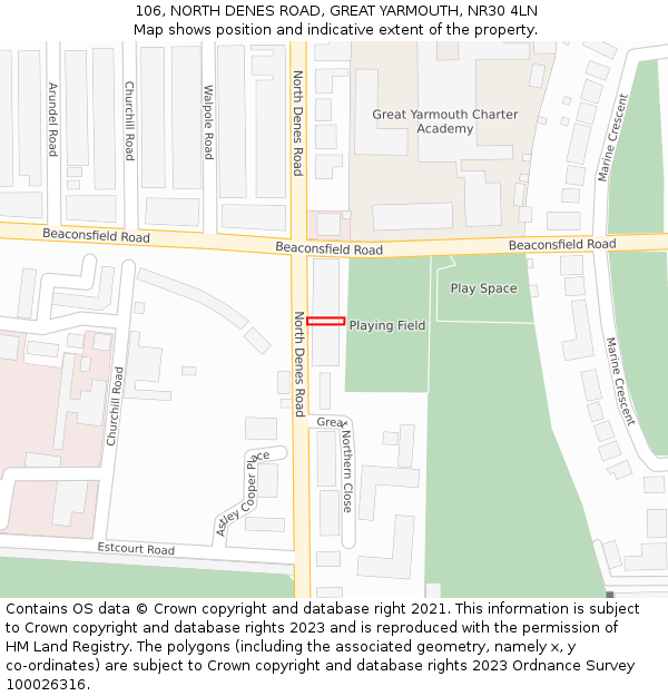 106, NORTH DENES ROAD, GREAT YARMOUTH, NR30 4LN: Location map and indicative extent of plot