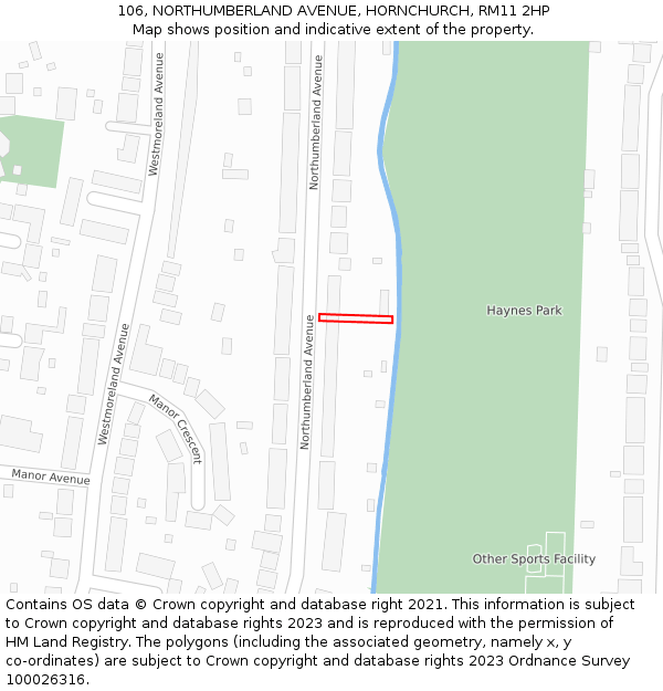 106, NORTHUMBERLAND AVENUE, HORNCHURCH, RM11 2HP: Location map and indicative extent of plot