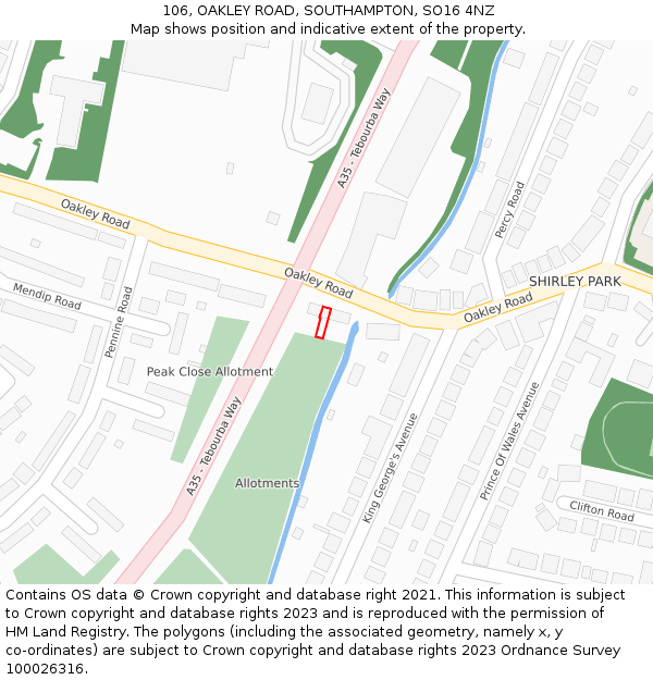 106, OAKLEY ROAD, SOUTHAMPTON, SO16 4NZ: Location map and indicative extent of plot