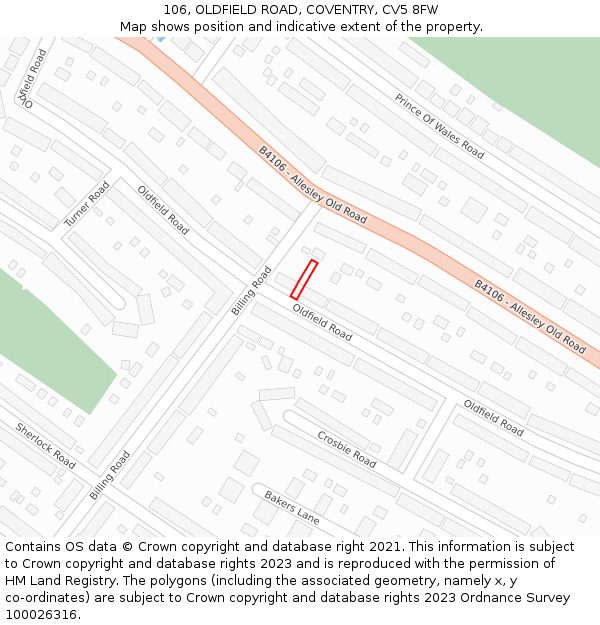 106, OLDFIELD ROAD, COVENTRY, CV5 8FW: Location map and indicative extent of plot