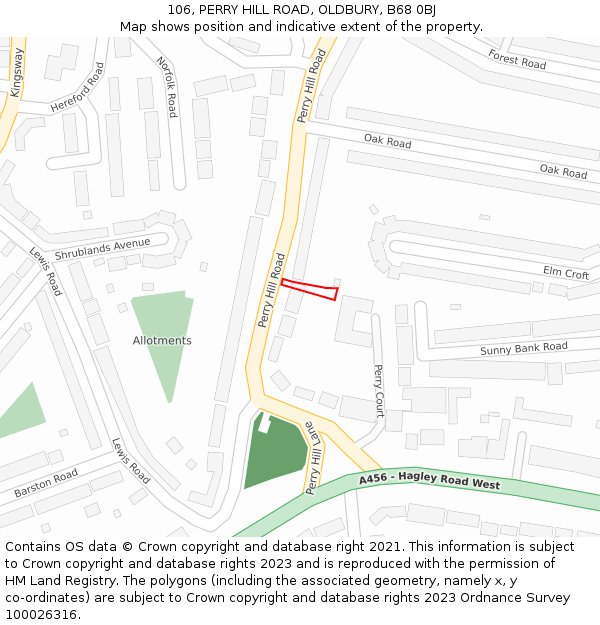 106, PERRY HILL ROAD, OLDBURY, B68 0BJ: Location map and indicative extent of plot