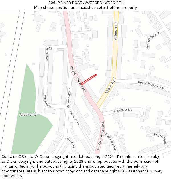 106, PINNER ROAD, WATFORD, WD19 4EH: Location map and indicative extent of plot