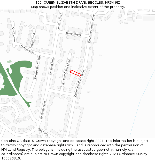 106, QUEEN ELIZABETH DRIVE, BECCLES, NR34 9JZ: Location map and indicative extent of plot