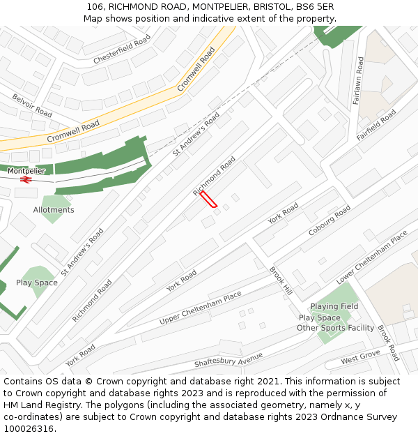 106, RICHMOND ROAD, MONTPELIER, BRISTOL, BS6 5ER: Location map and indicative extent of plot