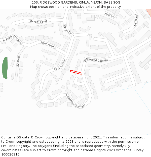 106, RIDGEWOOD GARDENS, CIMLA, NEATH, SA11 3QG: Location map and indicative extent of plot