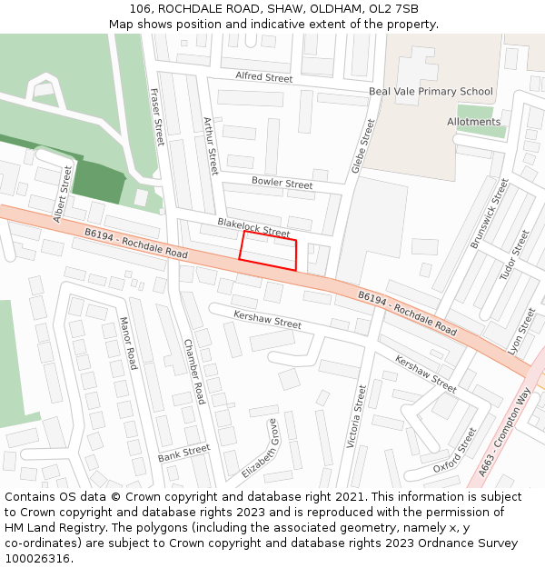 106, ROCHDALE ROAD, SHAW, OLDHAM, OL2 7SB: Location map and indicative extent of plot