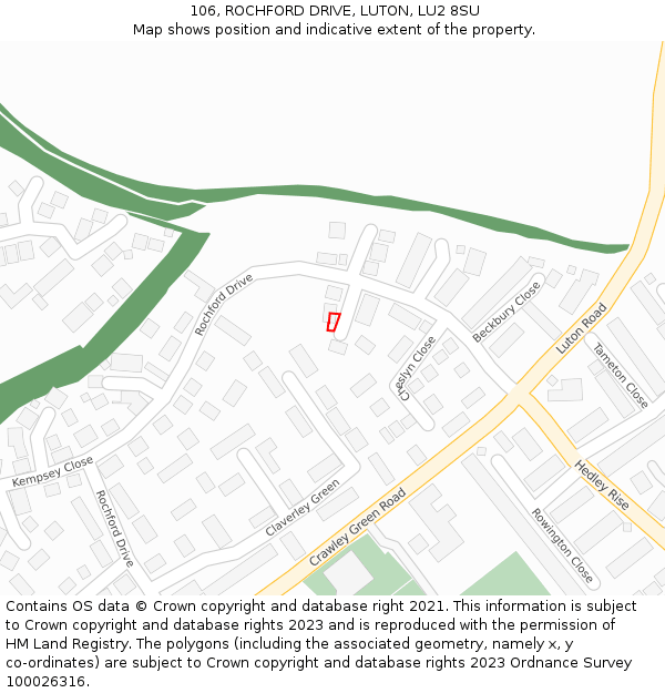 106, ROCHFORD DRIVE, LUTON, LU2 8SU: Location map and indicative extent of plot
