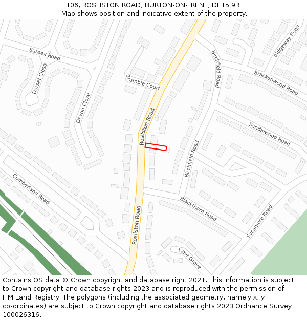 106, ROSLISTON ROAD, BURTON-ON-TRENT, DE15 9RF: Location map and indicative extent of plot