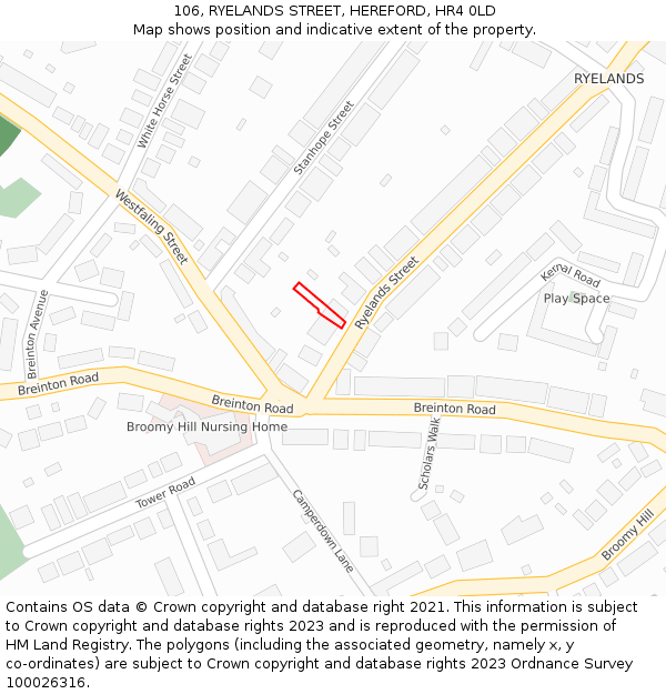 106, RYELANDS STREET, HEREFORD, HR4 0LD: Location map and indicative extent of plot