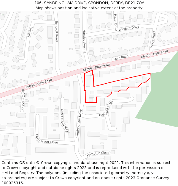 106, SANDRINGHAM DRIVE, SPONDON, DERBY, DE21 7QA: Location map and indicative extent of plot