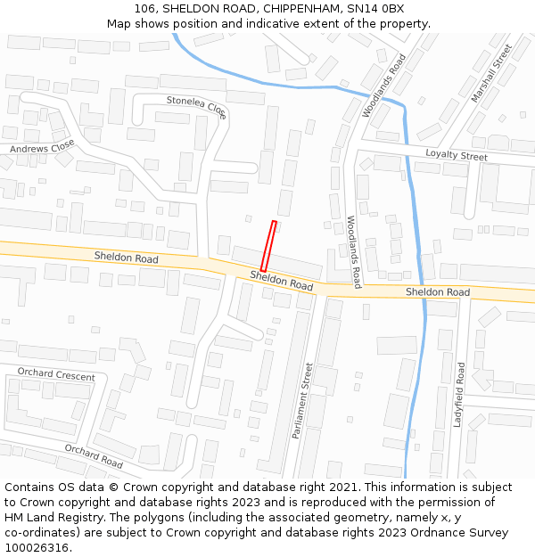 106, SHELDON ROAD, CHIPPENHAM, SN14 0BX: Location map and indicative extent of plot
