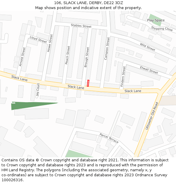 106, SLACK LANE, DERBY, DE22 3DZ: Location map and indicative extent of plot