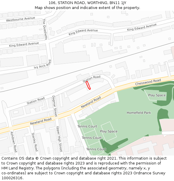 106, STATION ROAD, WORTHING, BN11 1JY: Location map and indicative extent of plot