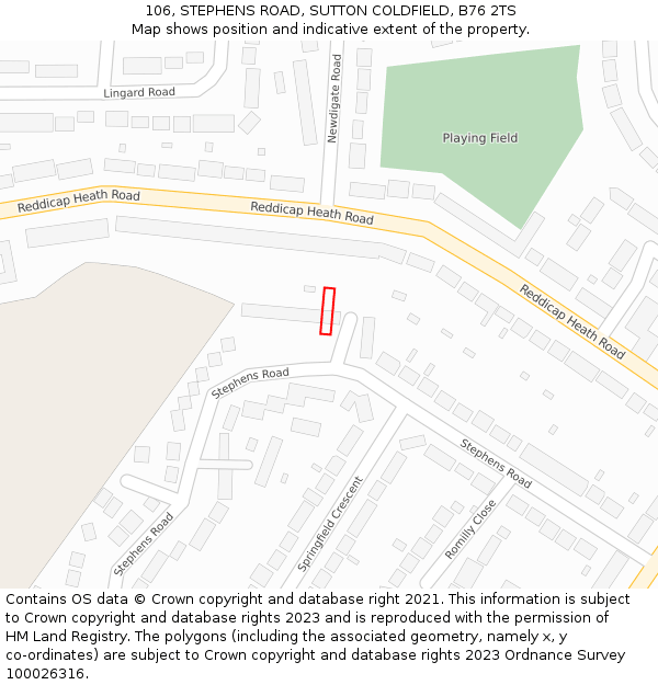 106, STEPHENS ROAD, SUTTON COLDFIELD, B76 2TS: Location map and indicative extent of plot