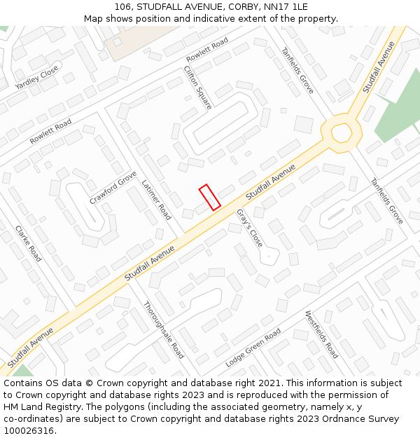 106, STUDFALL AVENUE, CORBY, NN17 1LE: Location map and indicative extent of plot