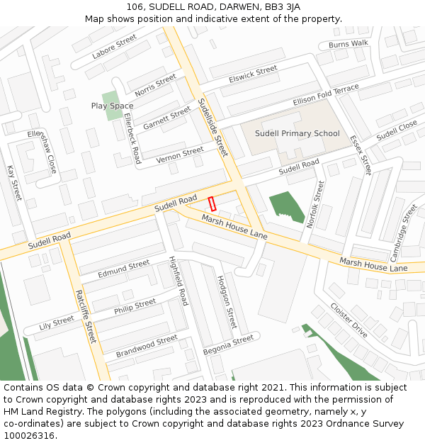 106, SUDELL ROAD, DARWEN, BB3 3JA: Location map and indicative extent of plot