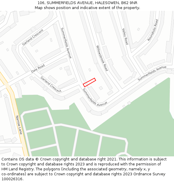 106, SUMMERFIELDS AVENUE, HALESOWEN, B62 9NR: Location map and indicative extent of plot