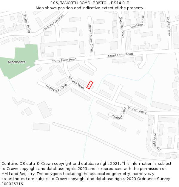 106, TANORTH ROAD, BRISTOL, BS14 0LB: Location map and indicative extent of plot
