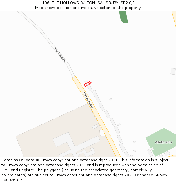 106, THE HOLLOWS, WILTON, SALISBURY, SP2 0JE: Location map and indicative extent of plot