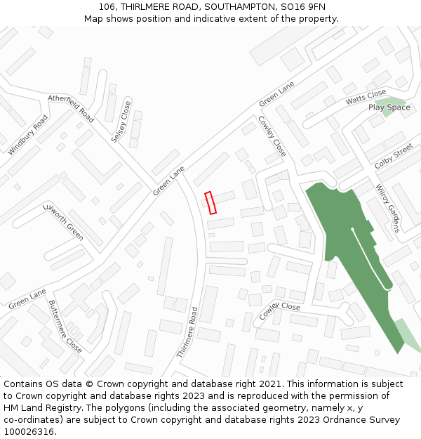106, THIRLMERE ROAD, SOUTHAMPTON, SO16 9FN: Location map and indicative extent of plot