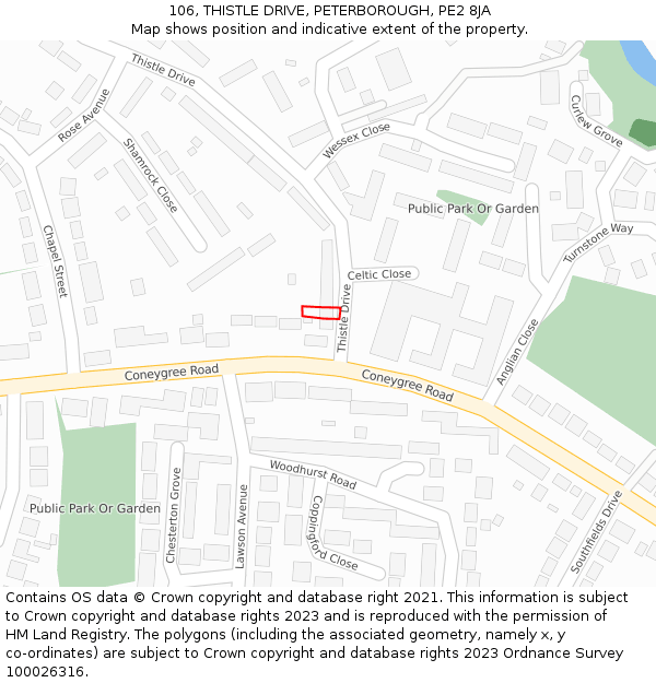 106, THISTLE DRIVE, PETERBOROUGH, PE2 8JA: Location map and indicative extent of plot