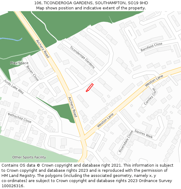 106, TICONDEROGA GARDENS, SOUTHAMPTON, SO19 9HD: Location map and indicative extent of plot