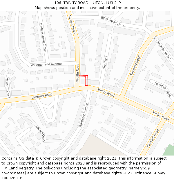 106, TRINITY ROAD, LUTON, LU3 2LP: Location map and indicative extent of plot