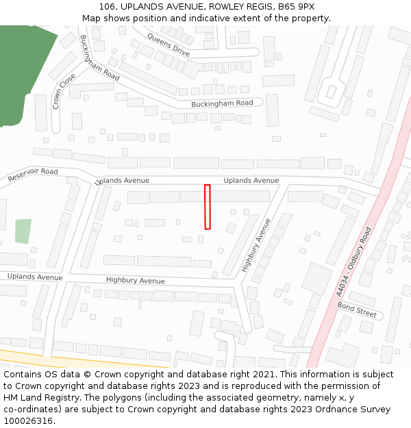 106, UPLANDS AVENUE, ROWLEY REGIS, B65 9PX: Location map and indicative extent of plot