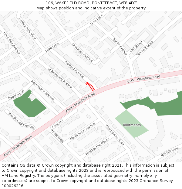 106, WAKEFIELD ROAD, PONTEFRACT, WF8 4DZ: Location map and indicative extent of plot