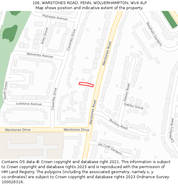 106, WARSTONES ROAD, PENN, WOLVERHAMPTON, WV4 4LP: Location map and indicative extent of plot
