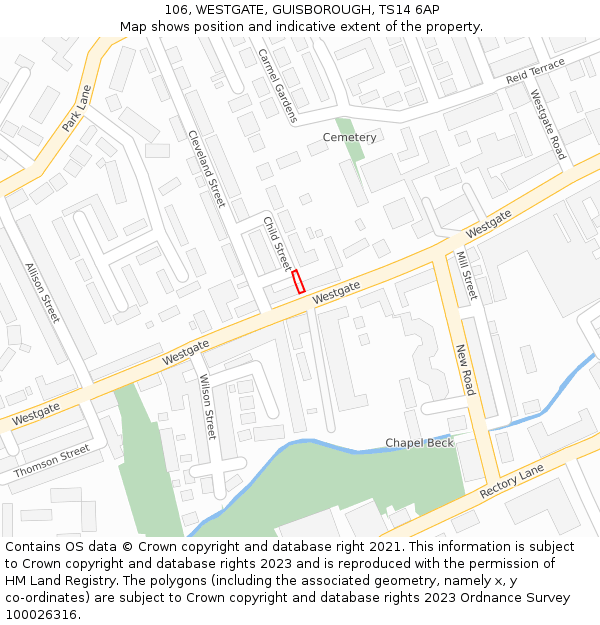 106, WESTGATE, GUISBOROUGH, TS14 6AP: Location map and indicative extent of plot