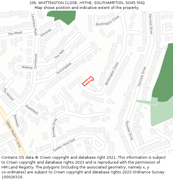 106, WHITTINGTON CLOSE, HYTHE, SOUTHAMPTON, SO45 5NQ: Location map and indicative extent of plot