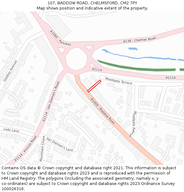 107, BADDOW ROAD, CHELMSFORD, CM2 7PY: Location map and indicative extent of plot