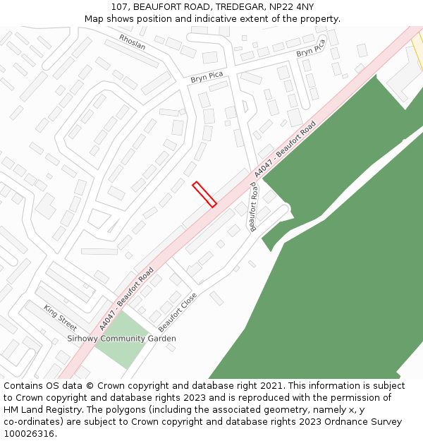 107, BEAUFORT ROAD, TREDEGAR, NP22 4NY: Location map and indicative extent of plot
