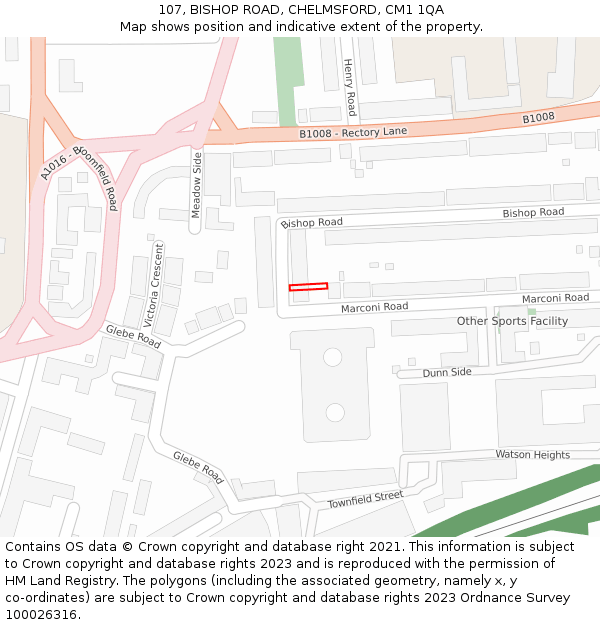 107, BISHOP ROAD, CHELMSFORD, CM1 1QA: Location map and indicative extent of plot