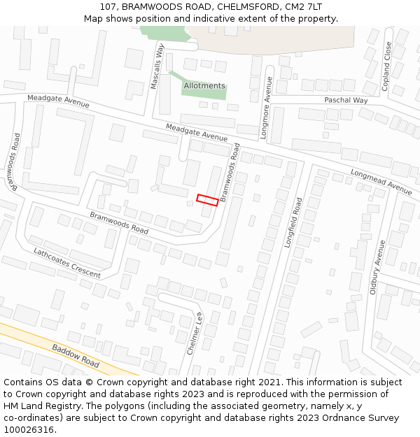 107, BRAMWOODS ROAD, CHELMSFORD, CM2 7LT: Location map and indicative extent of plot